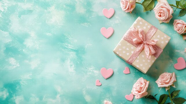 Birthday, Woman or Mothers Day greeting card. Pink hearts, rose flowers and gift box on pastel table top view. Flat lay.