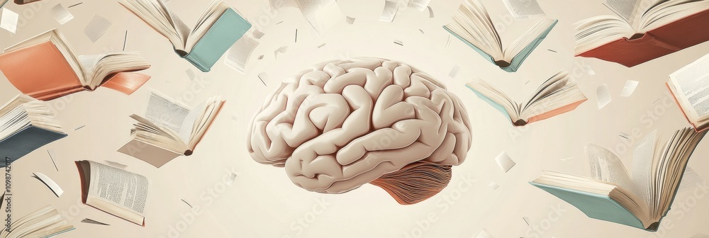 Aufkleber A brain is centrally displayed among multiple open books and pages, symbolizing the power of knowledge and the pursuit of learning. Generative AI