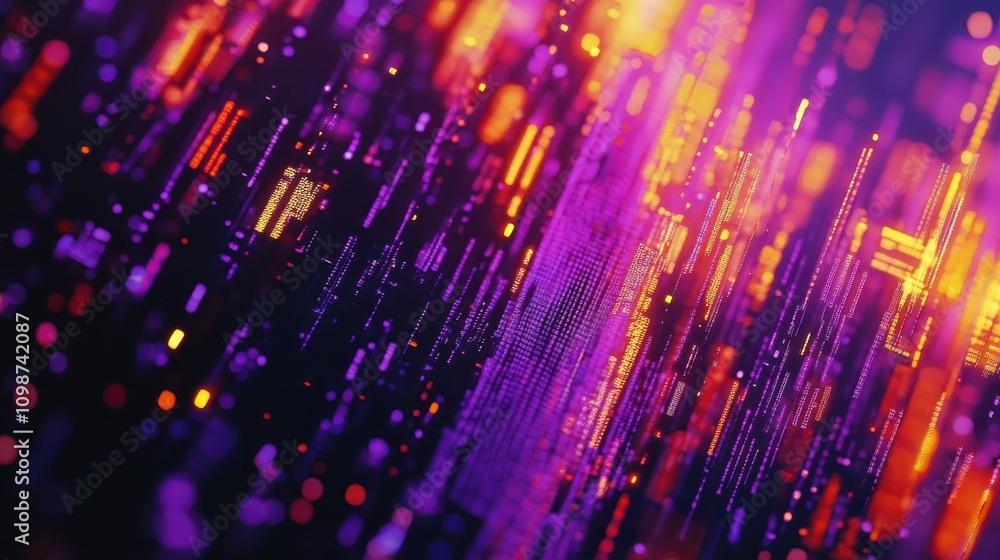 Aufkleber an abstract, 3d animation of seamless looping orange purple digital glitch, hex code, and digital vj