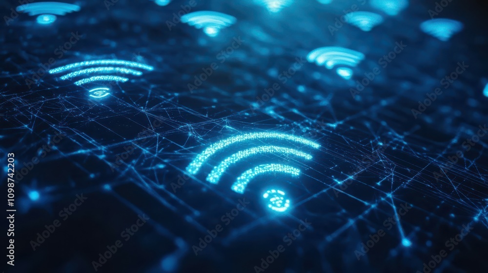 Poster blue digital interface with wifi icons and links growing. cyberspace media environment concept. seam