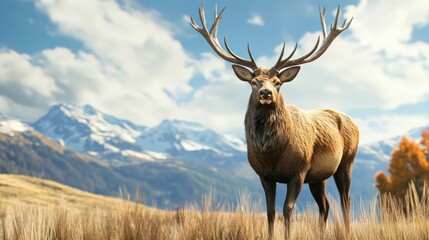 Against a backdrop of expansive rolling hills, a majestic red deer with impressive antlers stands proudly