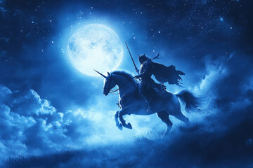 Naklejka premium Lone Knight on Horseback Under Full Moon