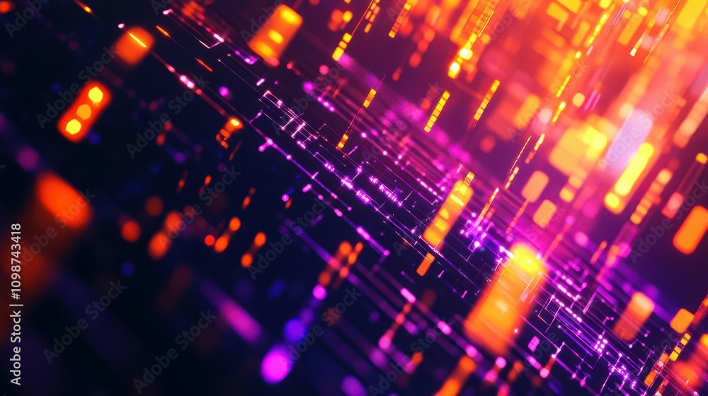 Poster an abstract, 3d animation of seamless looping orange purple digital glitch, hex code, and digital vj