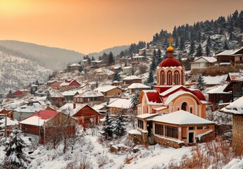 An old mining village in Slovakia at sunset. A historic church in Spania dolina.
