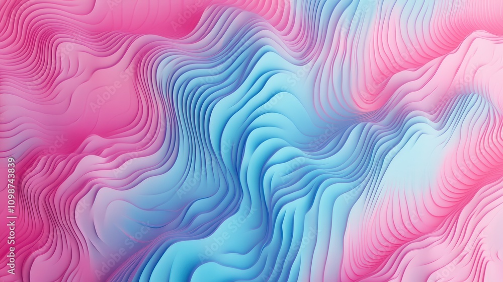 Poster an abstract pink and blue pattern with wave-like textures and repetitive geometric shapes, creating 