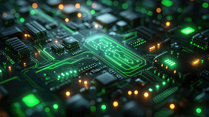 Obraz premium Glowing Green Circuit Board Close-up