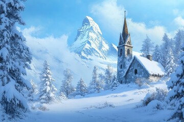 During winter, the Catholic church of Maria Gern in Berchtesgadener Land, Bavaria, Germany is framed by the Watzmann mountain