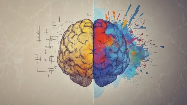 An illustration shows a brain split: one half has math sketches, the other bursts with colorful splashes, symbolizing creativity. Generative AI