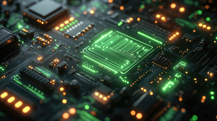 Obraz premium Close-up of a Circuit Board with Glowing Green Microchip