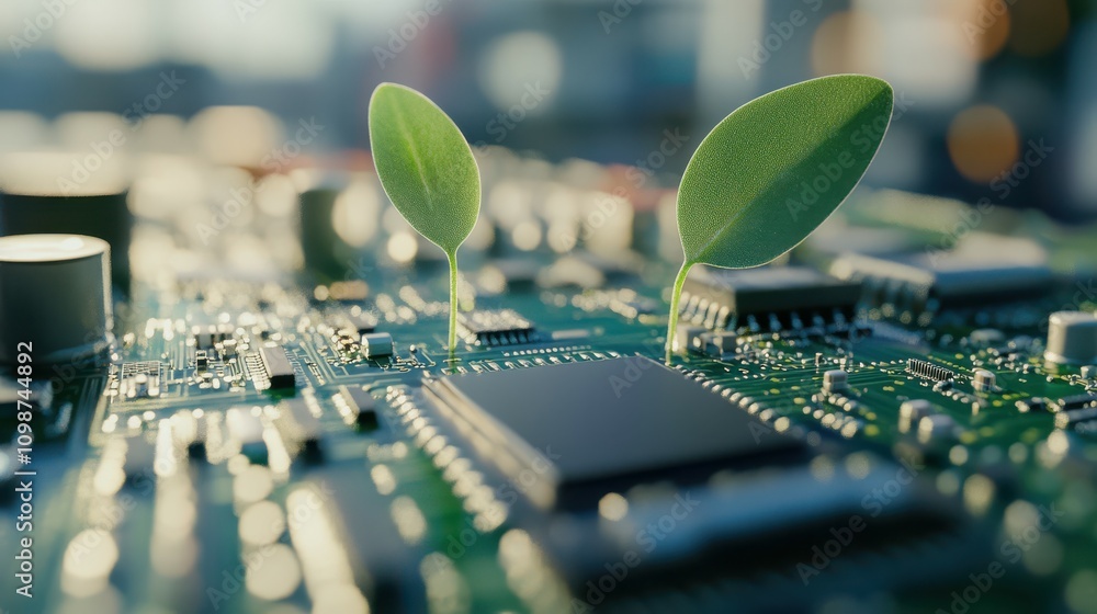 Poster an electronic circuit board with a microchip processor and a sprout of a plant on a blurry backgroun