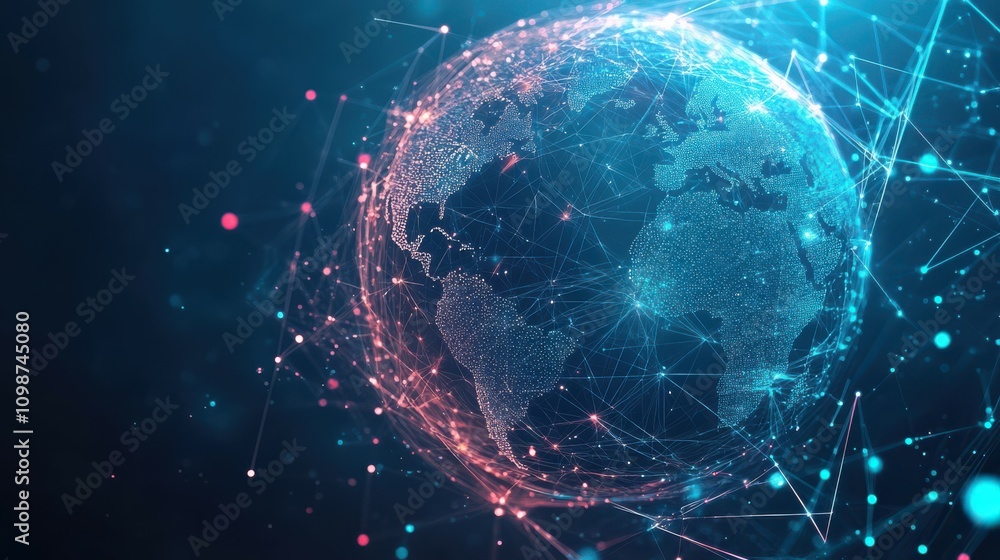 Poster global network and data customer connections with city background, innovative science and communicat