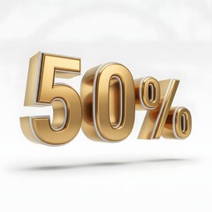 3D bold text showing '50%' in metallic gold, featuring a luxurious finish with subtle rim lighting and a floating shadow, isolated against a pure white solid background. A modern, high-quality promoti