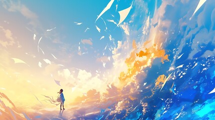 Girl in a dreamlike sky. Concept of freedom, imagination, and fantasy.