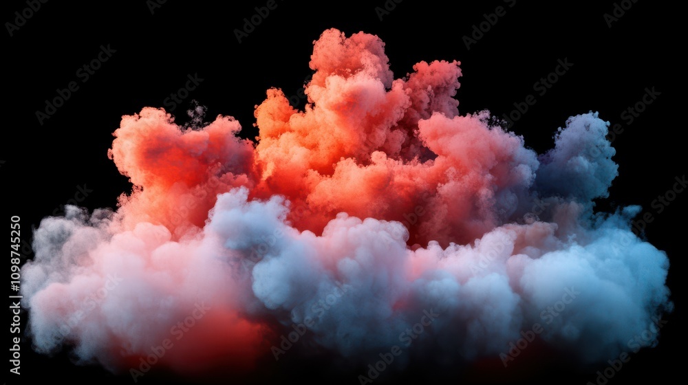 Poster an explosion resembling a video game explosion, complete with colored clouds and isolated smoke cumu