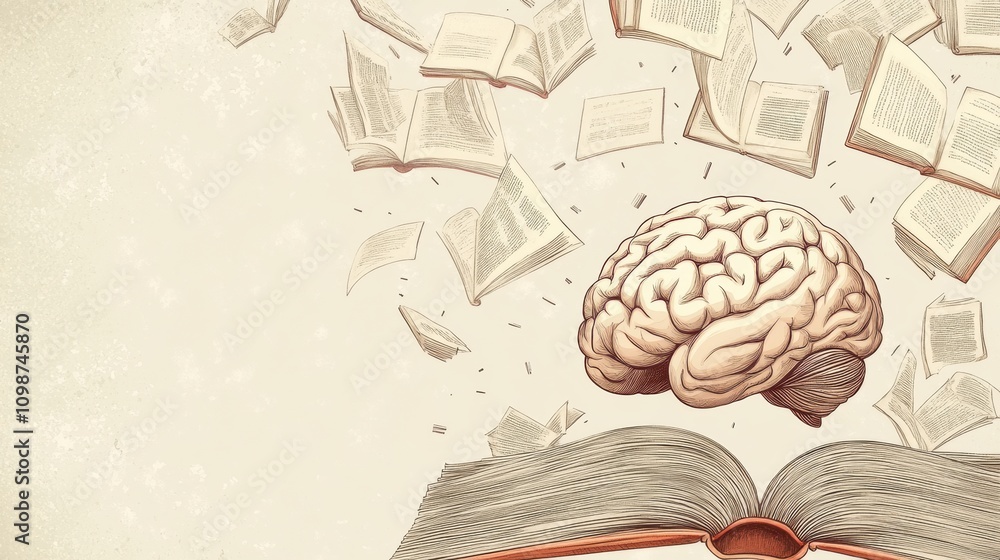 Poster a brain emerges from an open book, surrounded by fluttering pages, representing the connection betwe