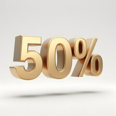 3D bold text showing '50%' in metallic gold, featuring a luxurious finish with subtle rim lighting and a floating shadow, isolated against a pure white solid background. A modern, high-quality promoti