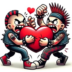 two punks fighting over a large red love heart