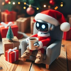 Mini santa ai robot drinking coffee and relaxing on an armchair 