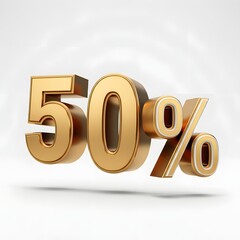 3D bold text showing '50%' in metallic gold, featuring a luxurious finish with subtle rim lighting and a floating shadow, isolated against a pure white solid background. A modern, high-quality promoti