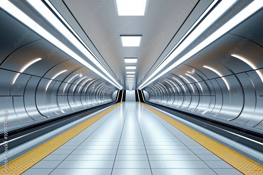 Poster a long, empty subway tunnel with yellow lines on the floor