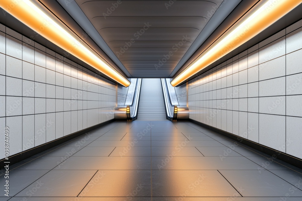 Poster a large, empty, and dimly lit subway tunnel with escalators on either side