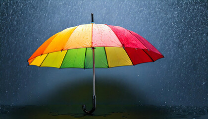 Colorful rainbow umbrella with raindrops is standing on wet dark surface under heavy rain on dark blue background