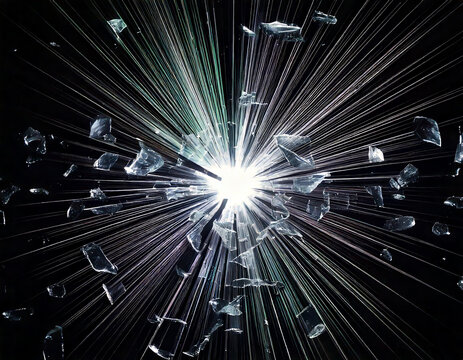 Glass shards exploding outwards from bright light source, creating dynamic visual effect on black background