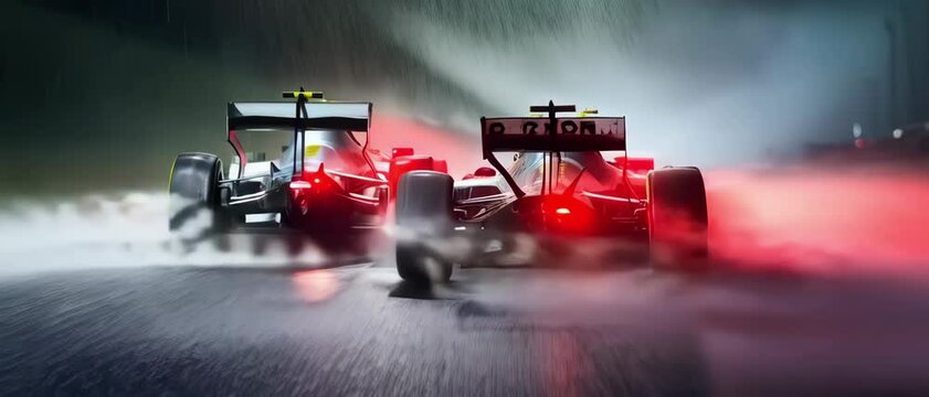 Two Formula 1 Race Cars Driving in Heavy Rain at Night, 4K Video. Motorsport, Speed, Competition, and Extreme Sports Concept. Racing Video Clip.