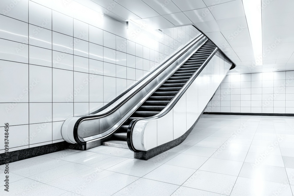 Poster a white escalator is in a very empty building