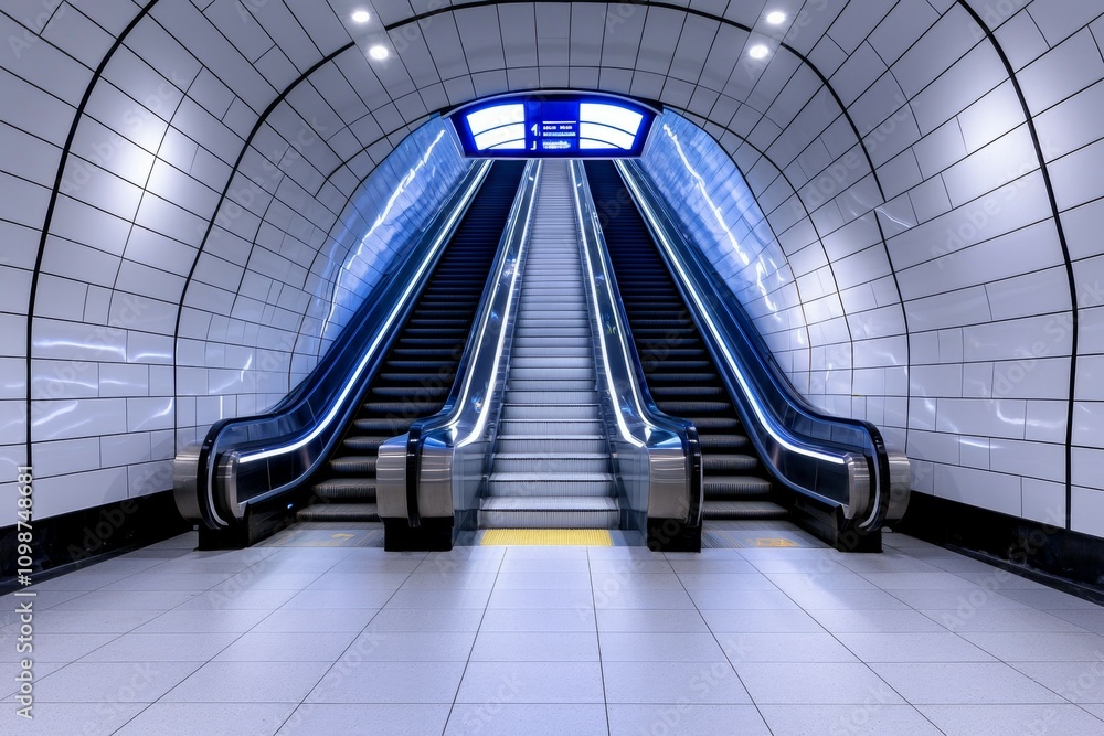 Poster a large, empty subway station with two escalators