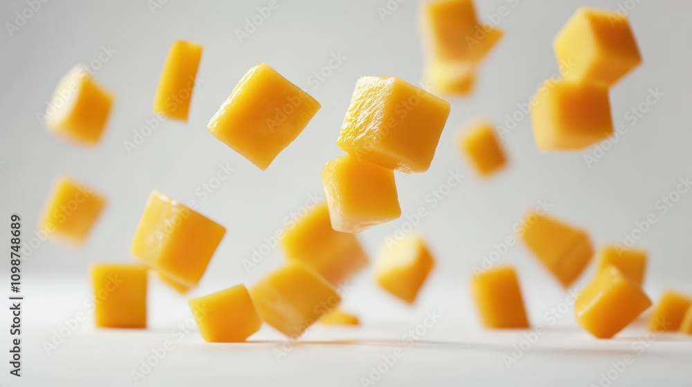 Poster falling mango cube isolated on white background, selective focus