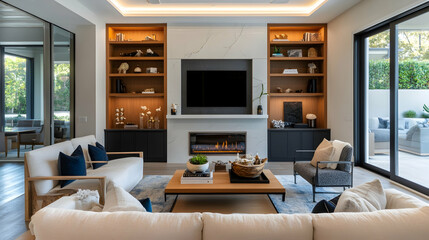 Naklejka premium A contemporary living room with a fireplace, symmetrical built-in shelving, and a warm, cozy ambiance enhanced by modern lighting.