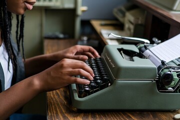 Young Black Woman Typing on a Vintage Typewriter. Retro Office Setting with Classic Equipment, Emphasizing the Art of Writing and Storytelling