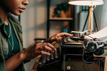 Young Black Woman Typing on a Vintage Typewriter. Retro Office Setting with Classic Equipment, Emphasizing the Art of Writing and Storytelling