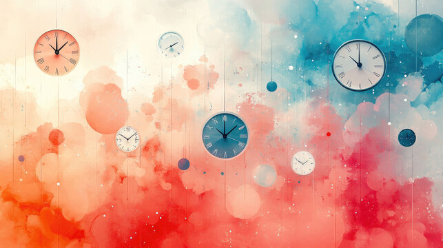Abstract Time Clocks Watercolor Background