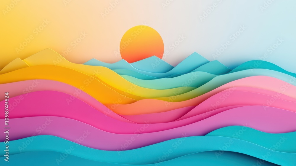 Poster background with paper cut shapes. colorful carving art. paper craft landscape with gradient fade col