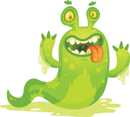 Fototapeta premium Slimy green cartoon monster with two eyes, a long tail sticking out its tongue and showing sharp teeth while standing on a puddle of slime