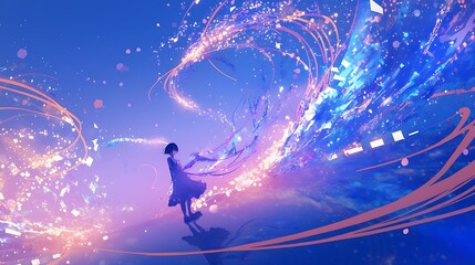 Naklejka premium Girl creating magical blue light trails. Fantasy art, dreamscape.