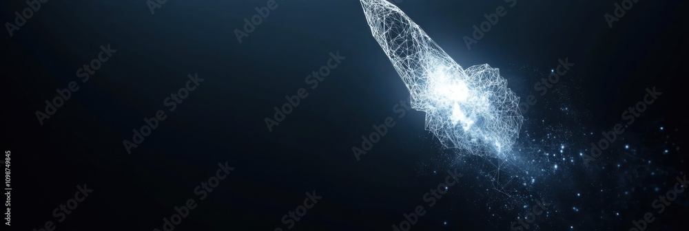 Leinwandbilder A wireframe rocket ascends into the dark space, representing innovation and the future of technology. Sparks and particles highlight its design. Generative AI