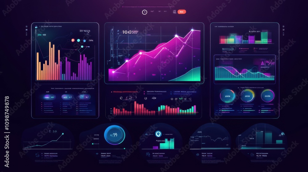 Poster business finance data analytics graph. kpi finance dashboard with charts on virtual screen. financia