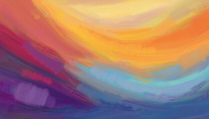 Obraz premium A vibrant abstract painting features sweeping brushstrokes of orange, purple, and turquoise colors blending together across the canvas.
