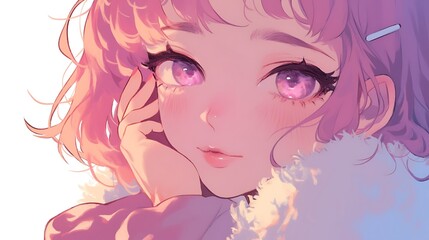 Fototapeta premium Cute anime girl portrait. Pink hair, soft features.