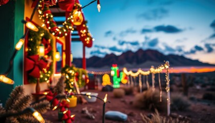 Festive Christmas lights adorn a desert house at sunset, mountains in background.