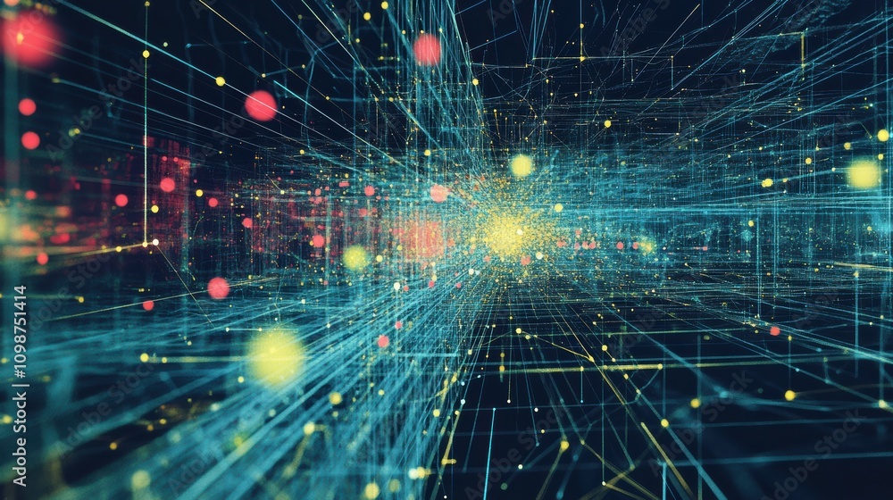 Poster illustration of system data flow in a business artificial, intelligence cyber, internet communicatio