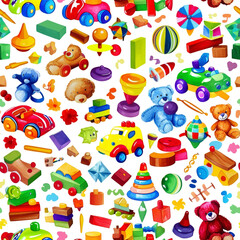 Fototapeta premium Seamless texture of baby toys on white background, playful and colorful design