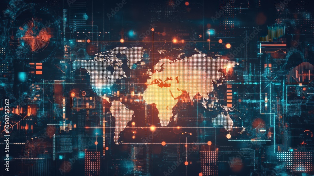 Poster in the center of the composition is a world map, surrounded by abstract global data stats on a dark 