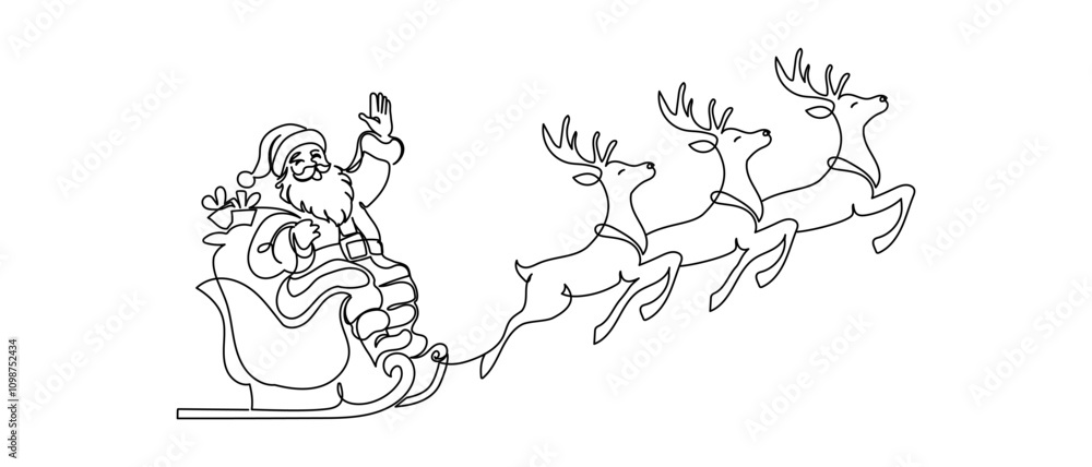 Poster one continuous line drawing of christmas reindeer and santa claus. wild animal deer with antlers is 
