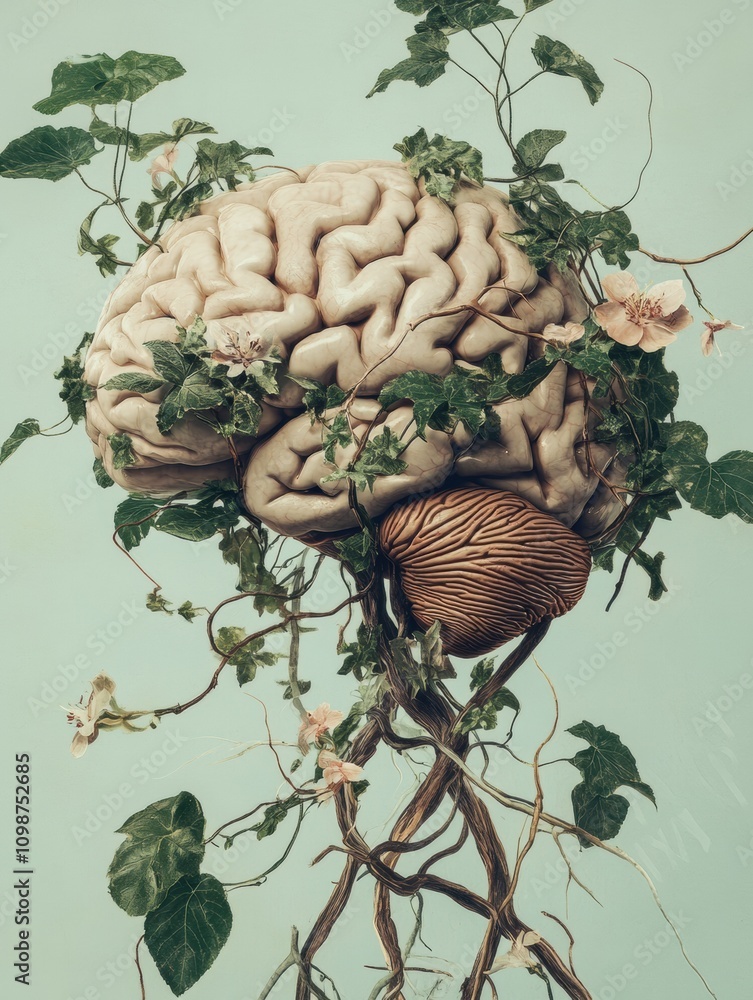 Poster a brain is artistically integrated with ivy and flowers, illustrating a delicate balance between nat