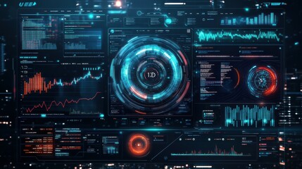 Fototapeta premium In this sci-fi futuristic HUD dashboard, you can see a virtual reality technology screen. UID, GUIs for game backgrounds. Technology backgrounds. Digital data. Stock quotes.