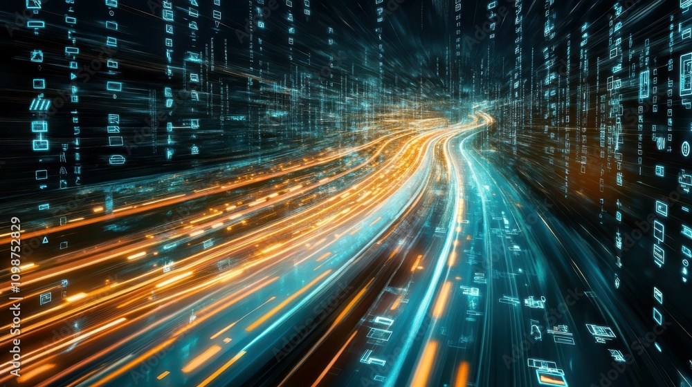 Poster information highway with flowing streams of light
